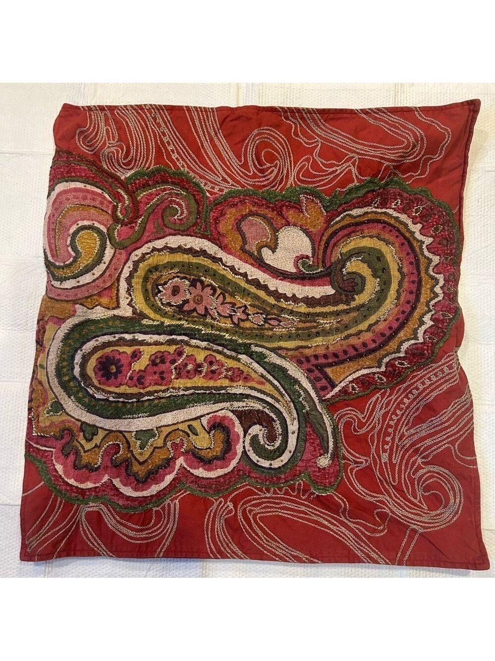 Pottery Barn Embroidered Paisley Boho Pillow Cover Linen Cotton Button Closure